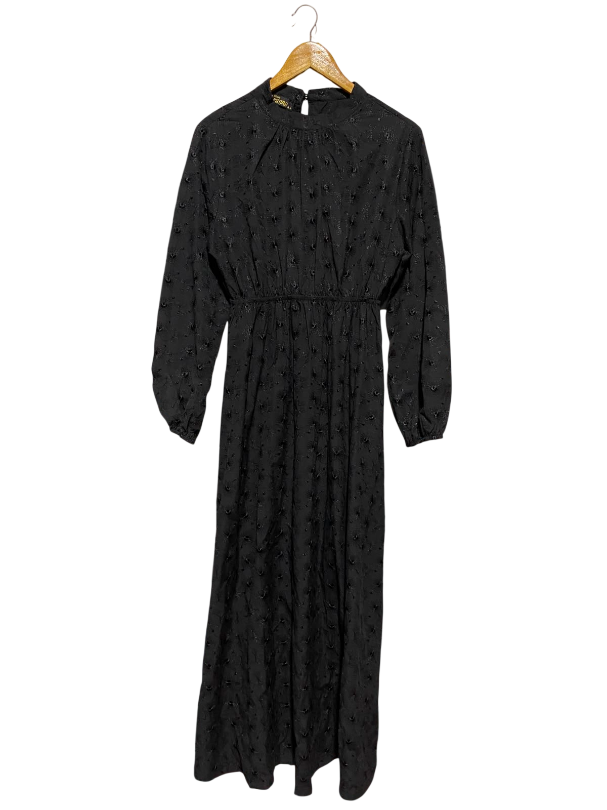 FATMA |M| BUST 18| B33|  WOMEN'S LONG SLEEVE CLIP DOT MIDI DRESS – SOLID JET BLACK