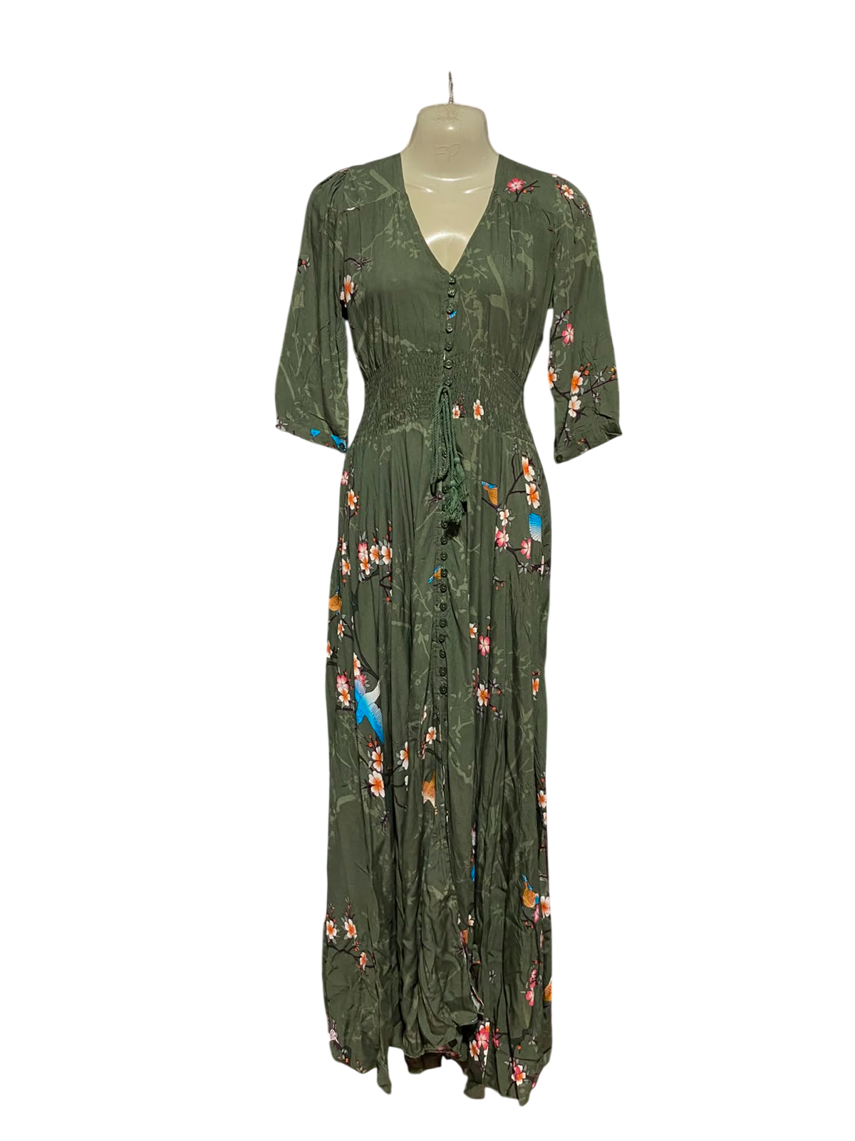 JAASE |XS| BUST 17| B33| WOMEN'S BOHO BOTANICAL PRINT MAXI DRESS – KHAKI GREEN