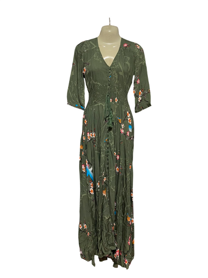 JAASE |XS| BUST 17| B33| WOMEN'S BOHO BOTANICAL PRINT MAXI DRESS – KHAKI GREEN