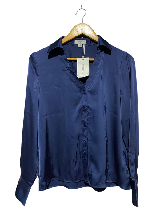 FORCAST |S| BUST 18| B33| WOMEN'S LUXE SATIN LONG SLEEVE BUTTON-UP BLOUSE – NAVY BLUE