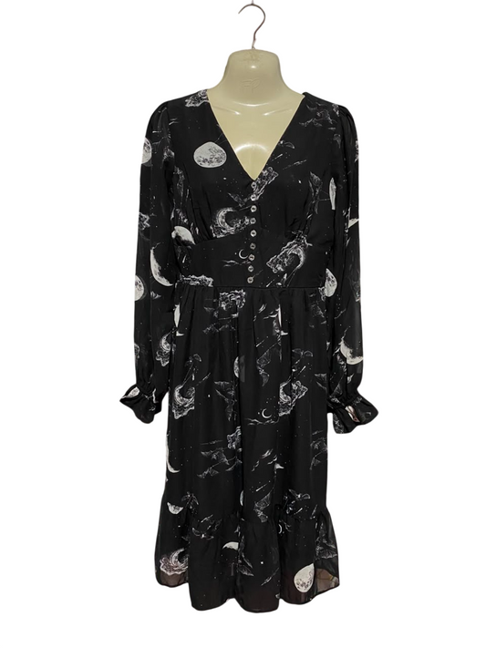 HELL BUNNY |S| BUST 16| B34| BLACK V-NECK LONG SLEEVE MID DRAPE DRESS