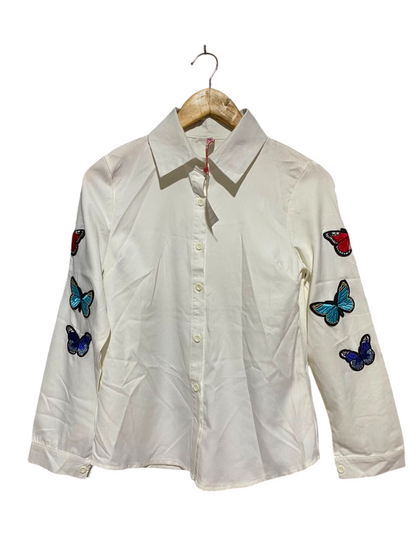 MEIFENG FASHION |L| BUST 17| B34| WHITE BUTTERFLY EMBROIDERED LONG SLEEVE BUTTON-DOWN COLLARED SHIRT