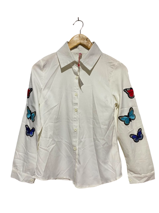 MEIFENG FASHION |L| BUST 17| B34| WHITE BUTTERFLY EMBROIDERED LONG SLEEVE BUTTON-DOWN COLLARED SHIRT