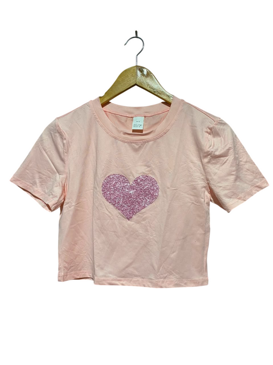 |M| BUST 16| B34| BABY PINK GLITTER HEART CROP TOP SHORT SLEEVE CREWNECK T-SHIRT