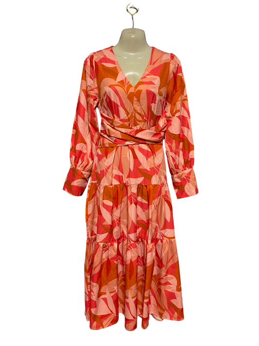 SHEIN |XS| BUST 13| B34| V-NECK TIERED MAXI DRESS WITH WRAP WAIST DETAIL IN CORAL AND PINK LEAF PRINT