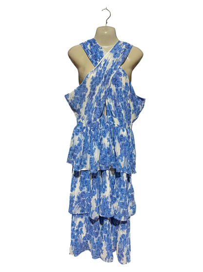 LORRAINE |M| BUST 19| B34| STUNNING BLUE AND WHITE FLORAL PLEATED TIERED DRESS