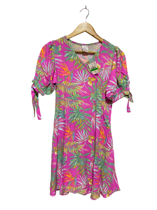 MINI MANGO |M| BUST 16| B34| BRIGHT PINK TROPICAL PRINT SHORT SLEEVE A-LINE DRESS