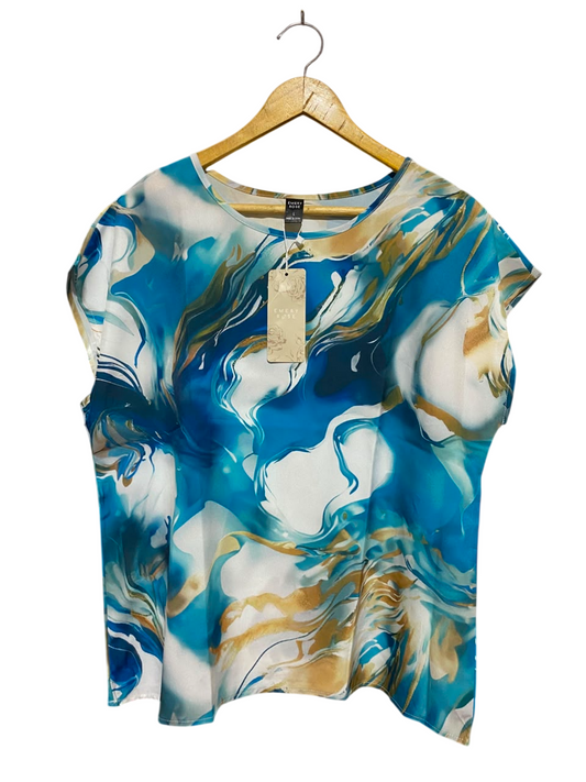 EMERY ROSE |L| BUST 23| B34| BLUE AND GOLD MARBLE PRINT CAP SLEEVE BLOUSE