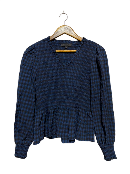 DANNI MINOGUE |S| BUST 15| B34| NAVY AND BLACK GINGHAM SMOCKED PEPLUM BLOUSE