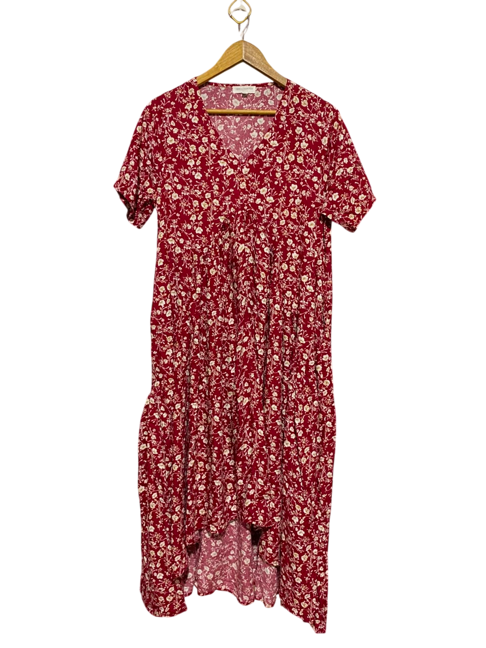 NEW U COLLECTION |M/L| BUST 19| B34| MAROON RED FLORAL PRINT SHORT SLEEVE MIDI DRESS