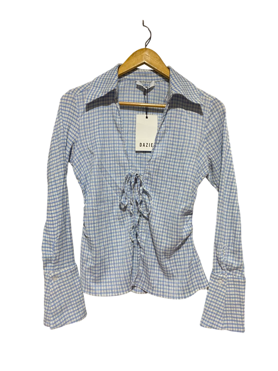DAZIE |S| BUST 16| B38| BLUE GINGHAM TIE-FRONT BLOUSE WITH FLARED CUFFS