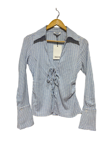 DAZIE |S| BUST 16| B38| BLUE GINGHAM TIE-FRONT BLOUSE WITH FLARED CUFFS