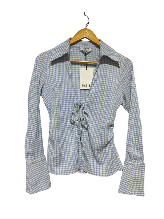 DAZIE |S| BUST 16| B38| BLUE GINGHAM TIE-FRONT BLOUSE WITH FLARED CUFFS