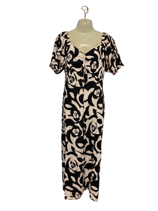 CAROLINE MORGAN |M| BUST 16| B34| ELEGANT BLACK AND WHITE FLORAL PRINT MAXI DRESS WITH PUFF SLEEVES AND FRONT TIE DETAIL