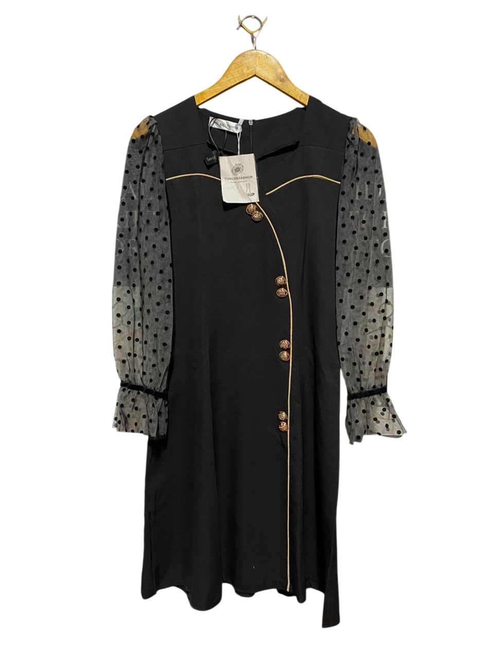 TONG XIN FASHION ||M| BUST 17| B34| LADIES BLACK EMBELLISHED DRESS WITH MESH POLKA DOT SLEEVES