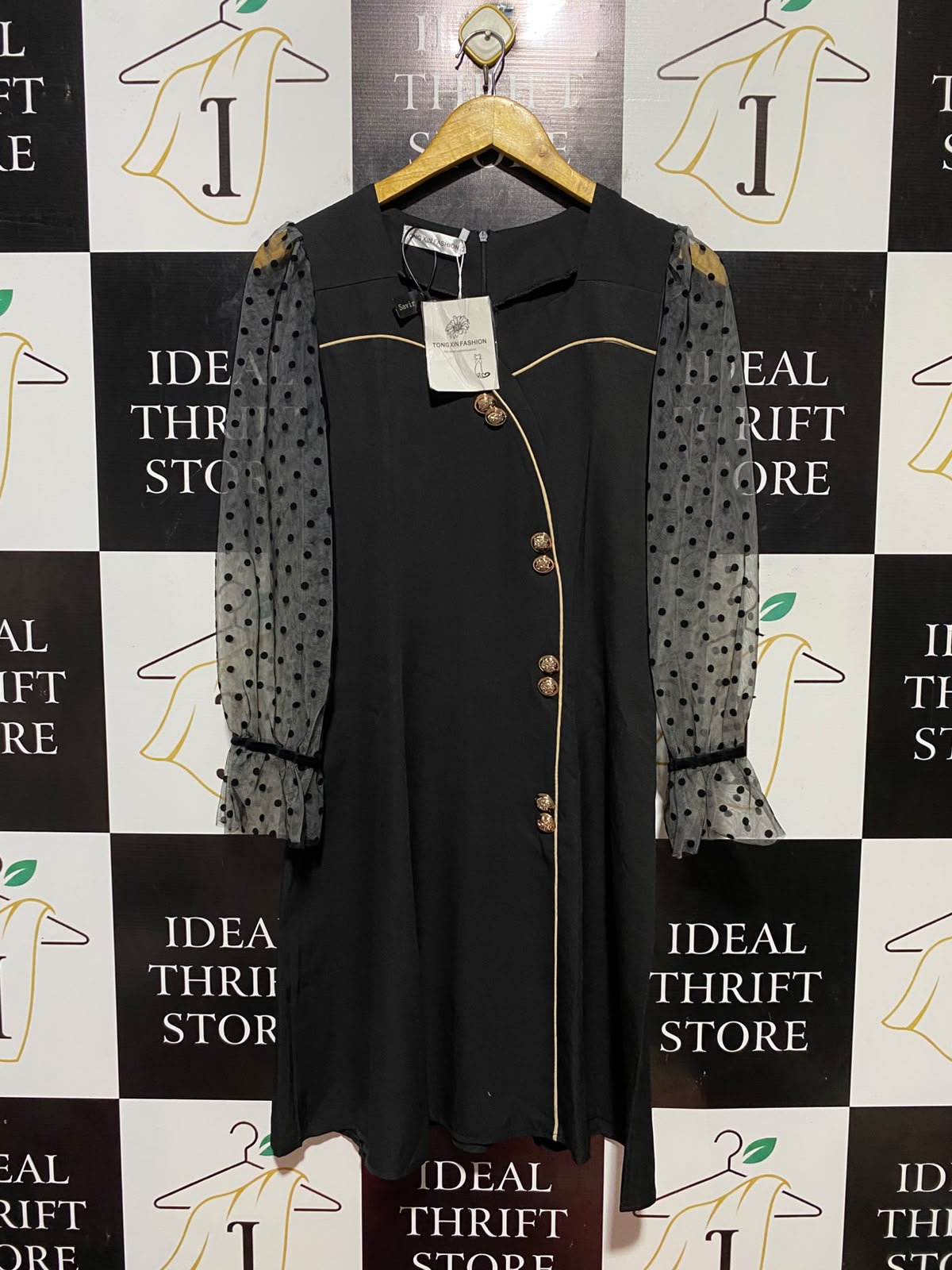 TONG XIN FASHION ||M| BUST 17| B34| LADIES BLACK EMBELLISHED DRESS WITH MESH POLKA DOT SLEEVES