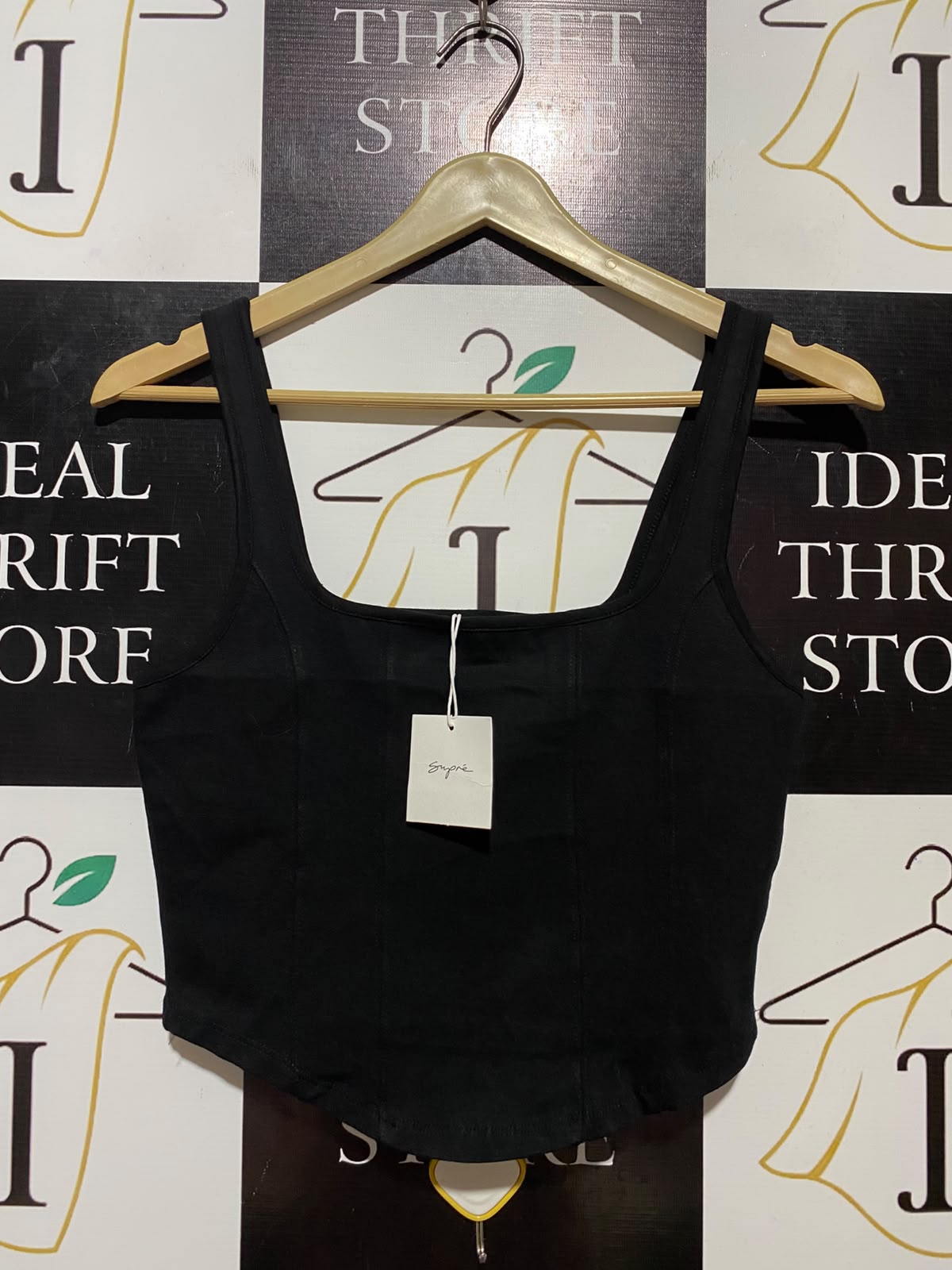 SUPRE |S| BUST 14| B34| BLACK SQUARE NECK CORSET STYLE CROP TANK TOP