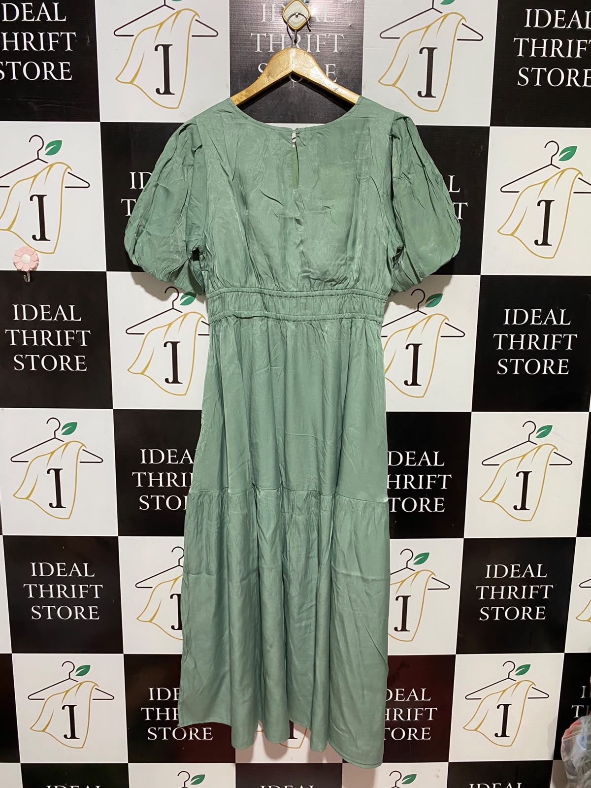 ST FROCK |M| BUST 19| B34| SAGE GREEN PUFF SLEEVE MIDI DRESS