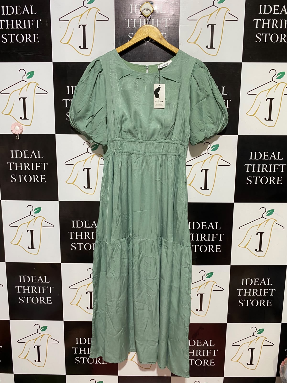 ST FROCK |M| BUST 19| B34| SAGE GREEN PUFF SLEEVE MIDI DRESS