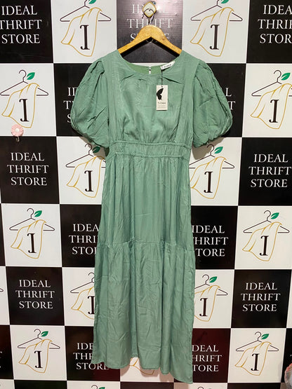 ST FROCK |M| BUST 19| B34| SAGE GREEN PUFF SLEEVE MIDI DRESS