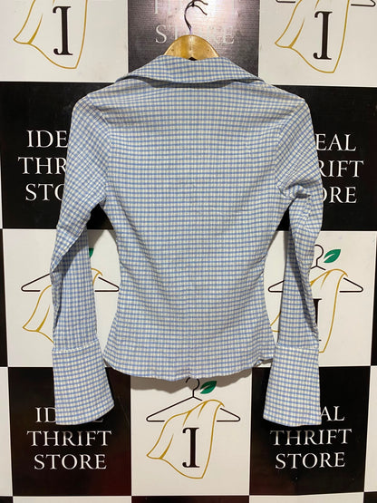 DAZIE |S| BUST 16| B38| BLUE GINGHAM TIE-FRONT BLOUSE WITH FLARED CUFFS