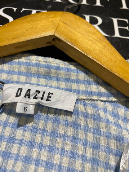 DAZIE |S| BUST 16| B38| BLUE GINGHAM TIE-FRONT BLOUSE WITH FLARED CUFFS
