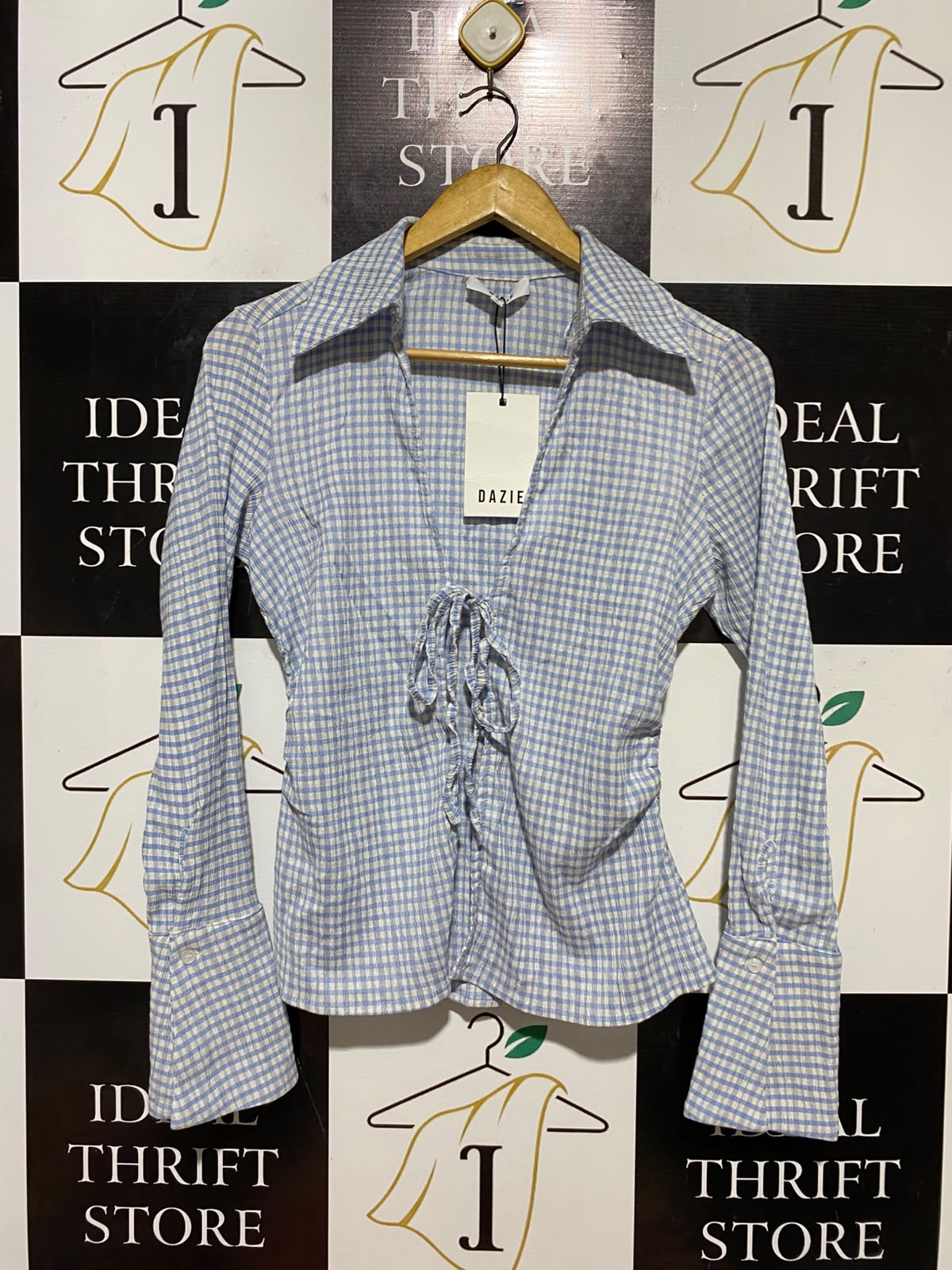 DAZIE |S| BUST 16| B38| BLUE GINGHAM TIE-FRONT BLOUSE WITH FLARED CUFFS