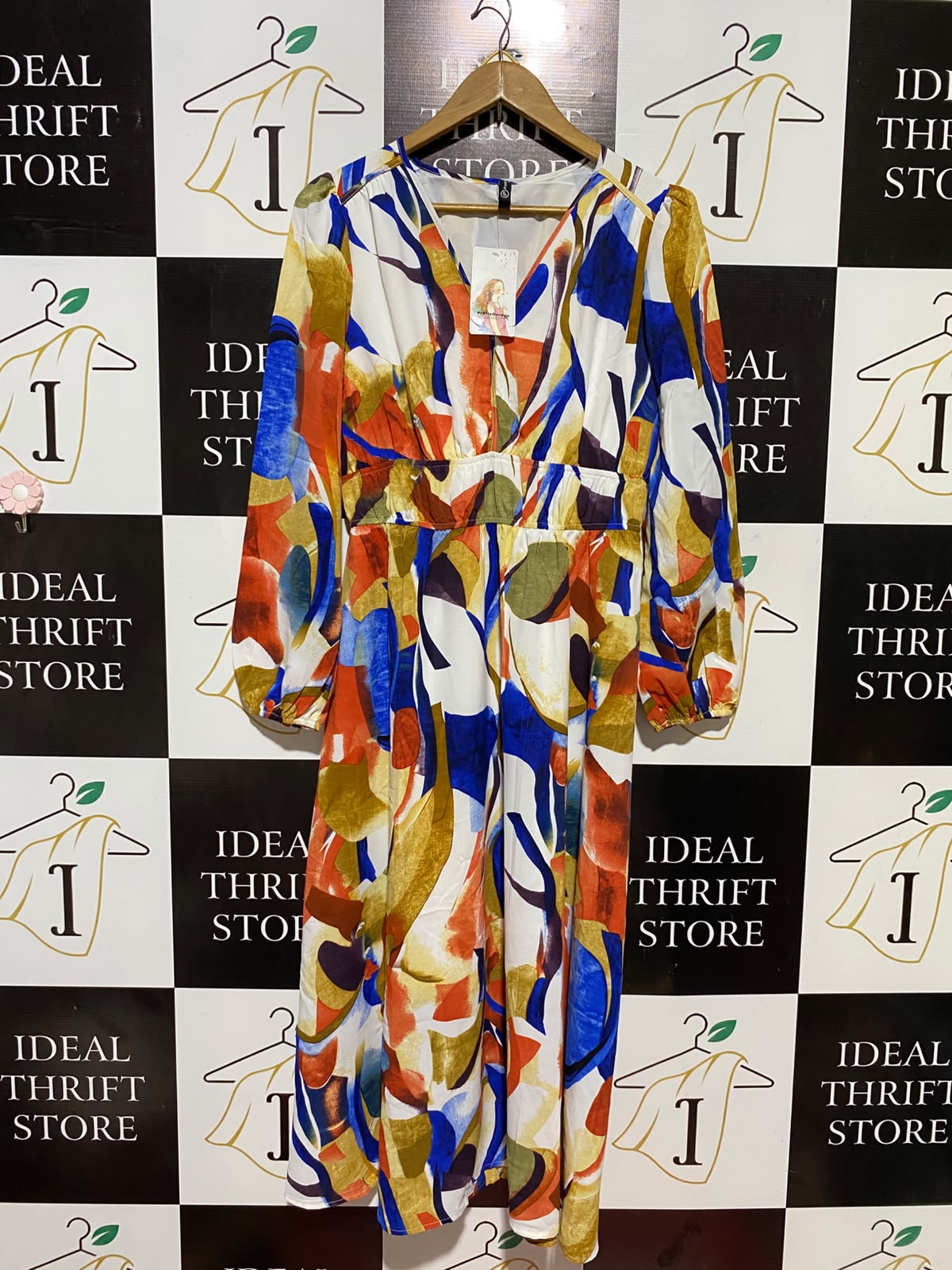 PRETTY GARDEN |M| BUST 18| B34| ABSTRACT MULTICOLOR LONG SLEEVE MAXI DRESS