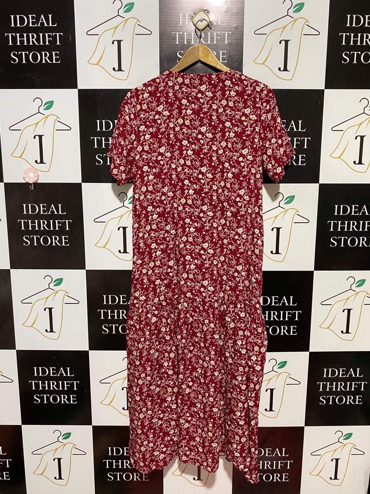 NEW U COLLECTION |M/L| BUST 19| B34| MAROON RED FLORAL PRINT SHORT SLEEVE MIDI DRESS