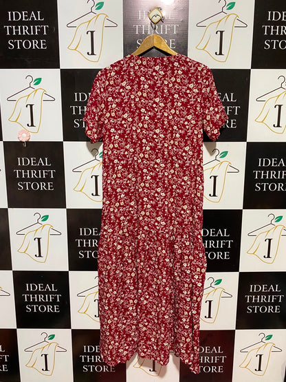 NEW U COLLECTION |M/L| BUST 19| B34| MAROON RED FLORAL PRINT SHORT SLEEVE MIDI DRESS