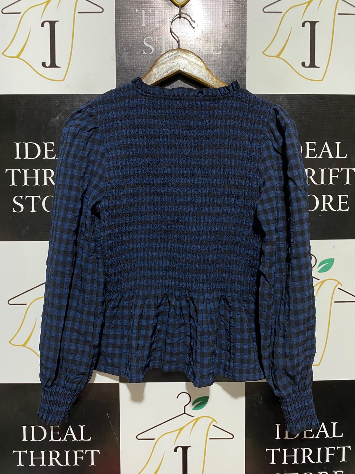 DANNI MINOGUE |S| BUST 15| B34| NAVY AND BLACK GINGHAM SMOCKED PEPLUM BLOUSE