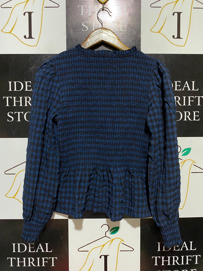 DANNI MINOGUE |S| BUST 15| B34| NAVY AND BLACK GINGHAM SMOCKED PEPLUM BLOUSE