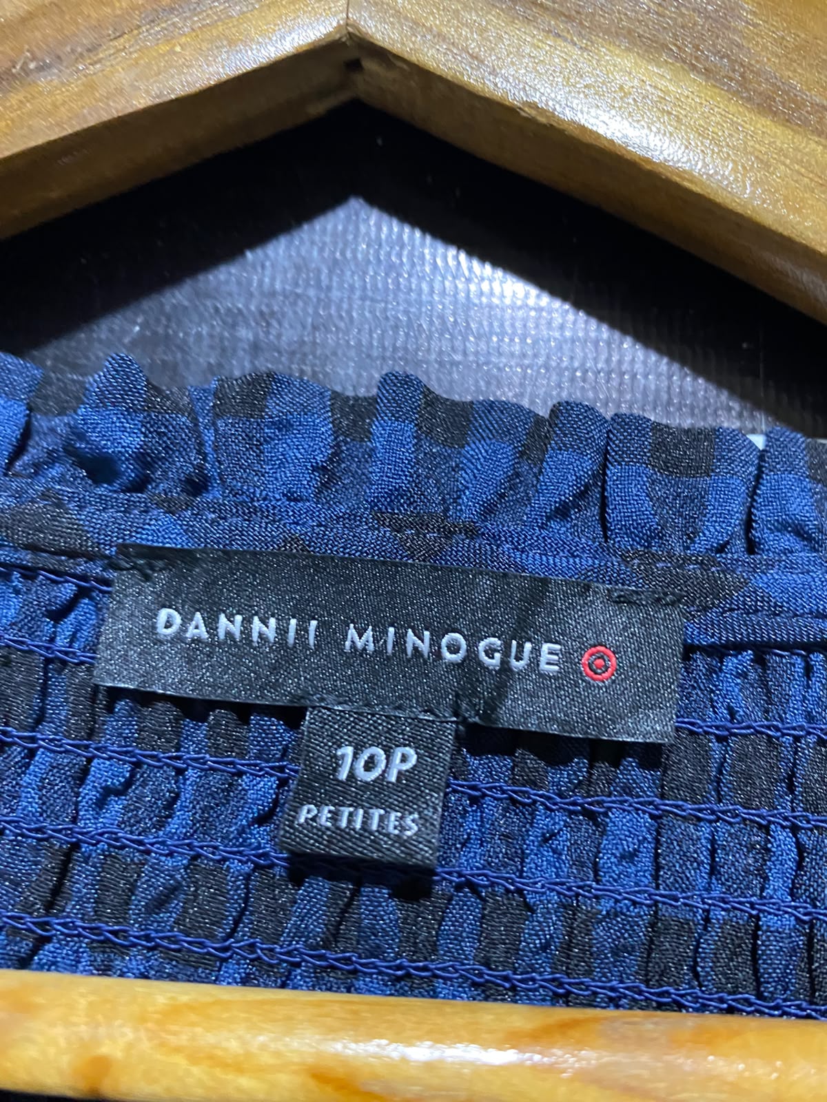 DANNI MINOGUE |S| BUST 15| B34| NAVY AND BLACK GINGHAM SMOCKED PEPLUM BLOUSE