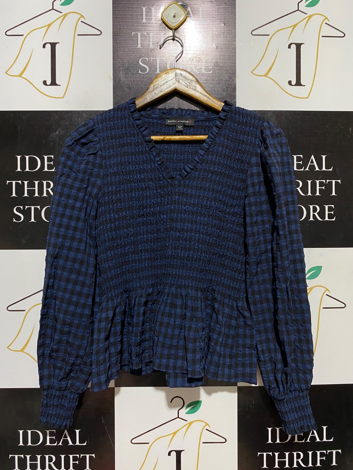 DANNI MINOGUE |S| BUST 15| B34| NAVY AND BLACK GINGHAM SMOCKED PEPLUM BLOUSE