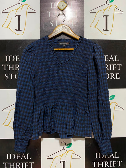 DANNI MINOGUE |S| BUST 15| B34| NAVY AND BLACK GINGHAM SMOCKED PEPLUM BLOUSE