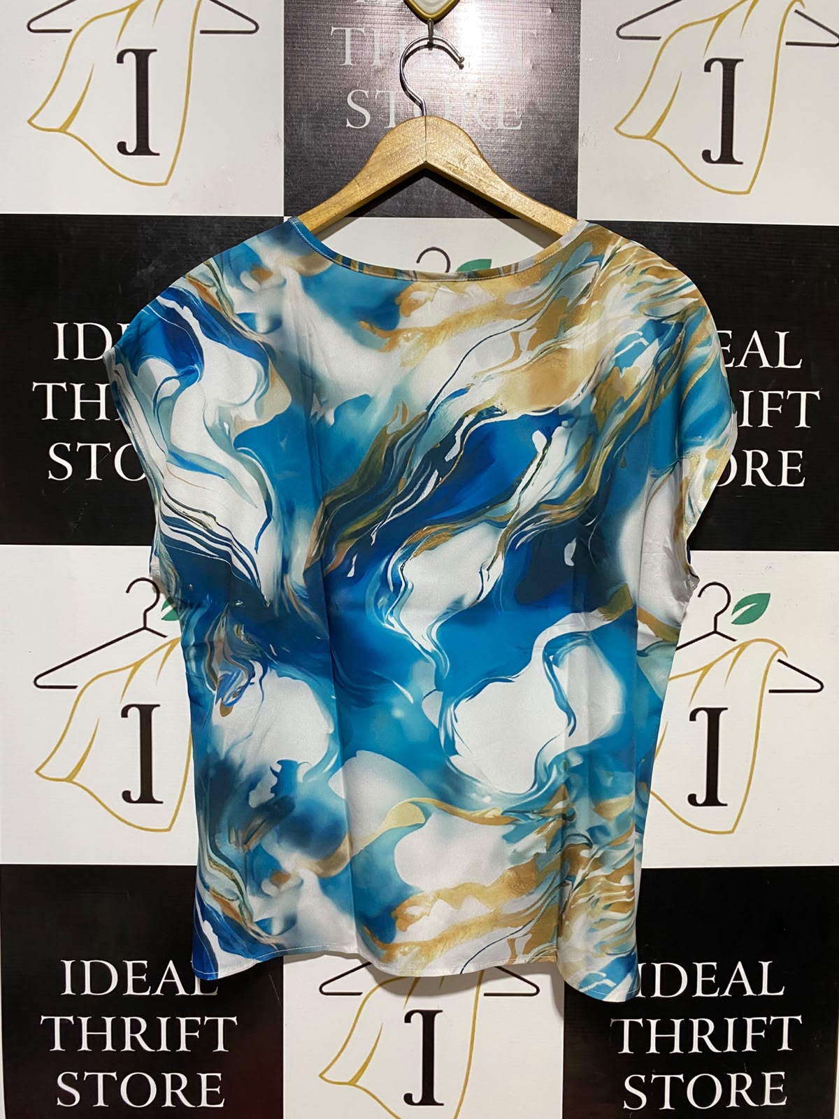 EMERY ROSE |L| BUST 23| B34| BLUE AND GOLD MARBLE PRINT CAP SLEEVE BLOUSE
