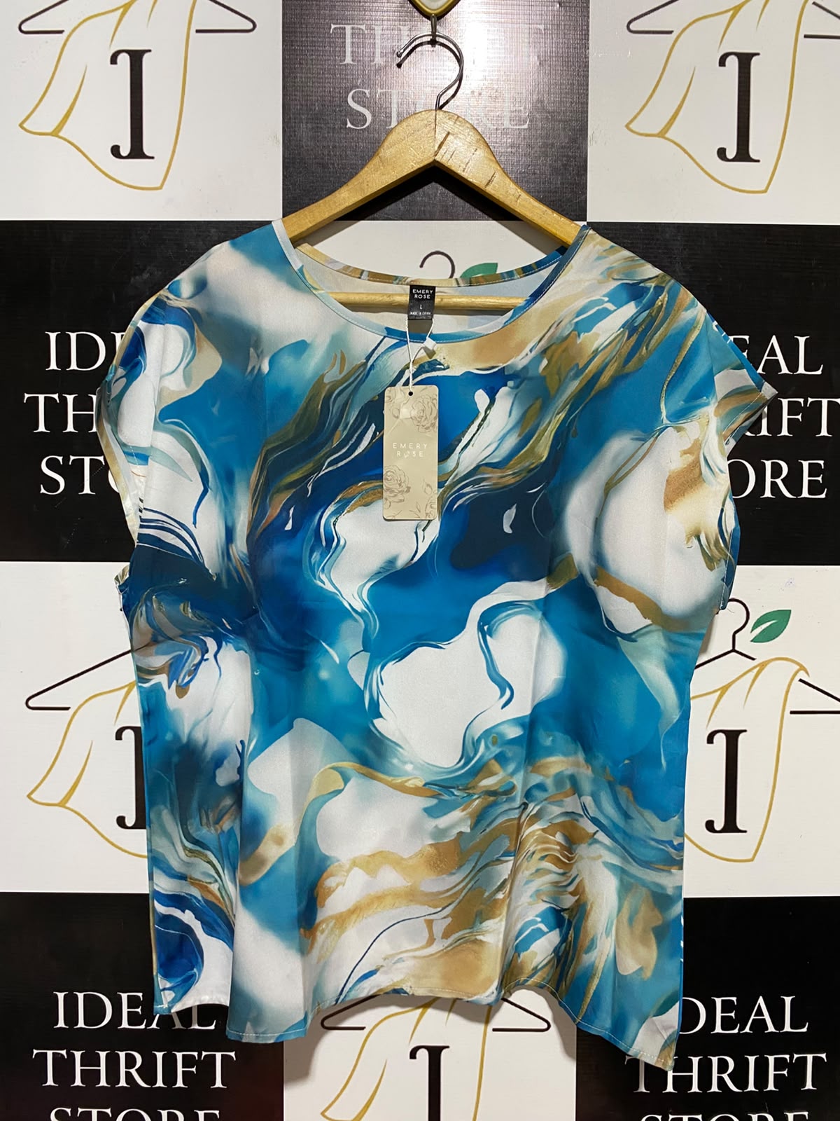 EMERY ROSE |L| BUST 23| B34| BLUE AND GOLD MARBLE PRINT CAP SLEEVE BLOUSE