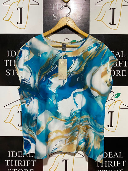 EMERY ROSE |L| BUST 23| B34| BLUE AND GOLD MARBLE PRINT CAP SLEEVE BLOUSE