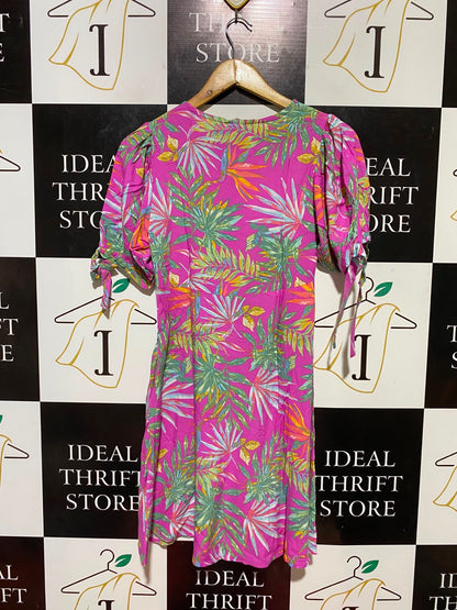 MINI MANGO |M| BUST 16| B34| BRIGHT PINK TROPICAL PRINT SHORT SLEEVE A-LINE DRESS
