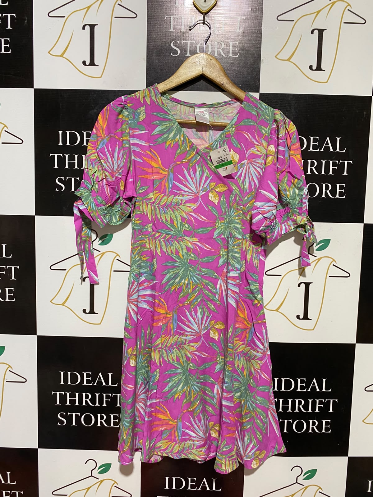 MINI MANGO |M| BUST 16| B34| BRIGHT PINK TROPICAL PRINT SHORT SLEEVE A-LINE DRESS