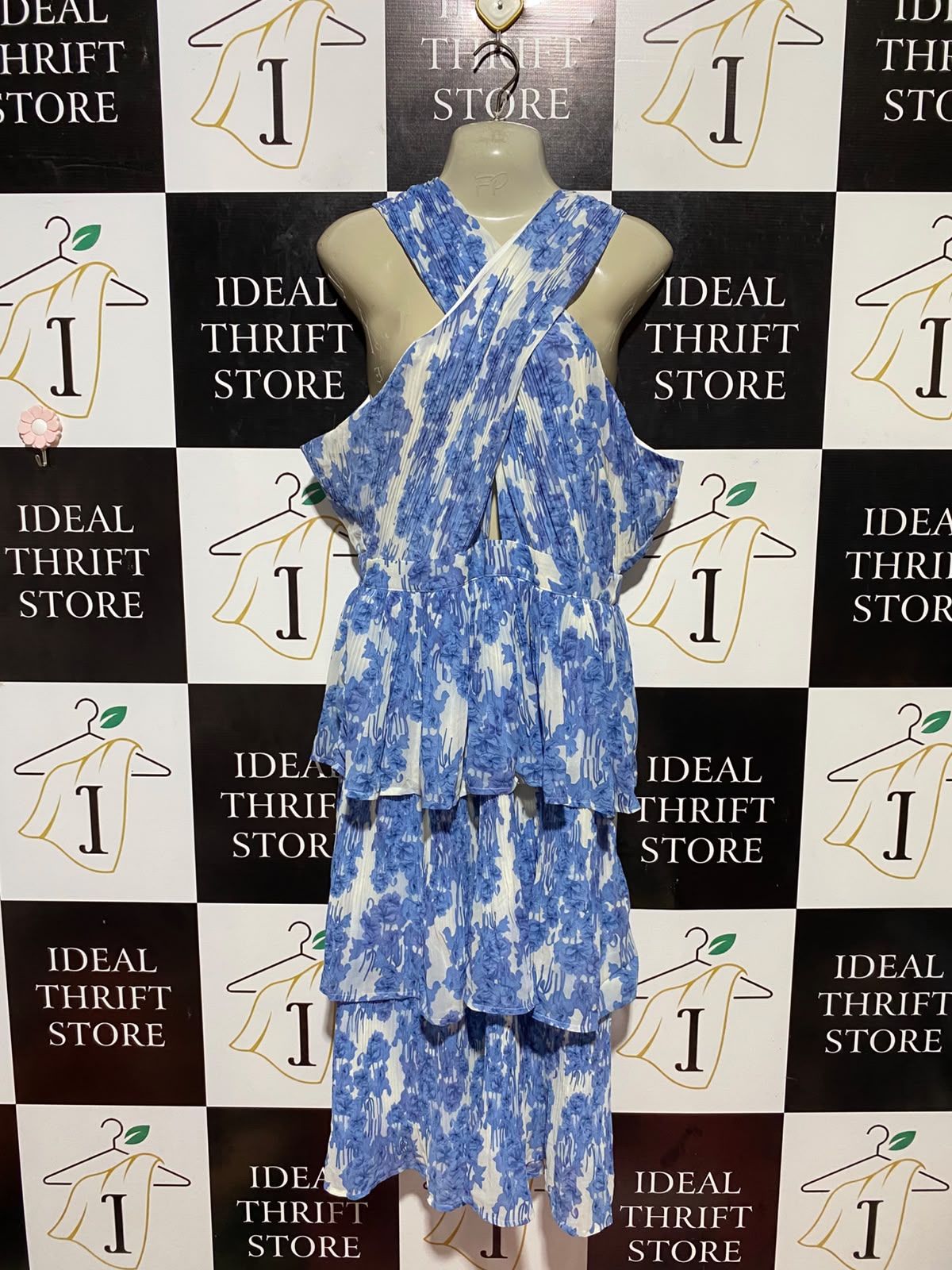 LORRAINE |M| BUST 19| B34| STUNNING BLUE AND WHITE FLORAL PLEATED TIERED DRESS
