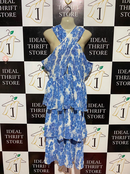LORRAINE |M| BUST 19| B34| STUNNING BLUE AND WHITE FLORAL PLEATED TIERED DRESS