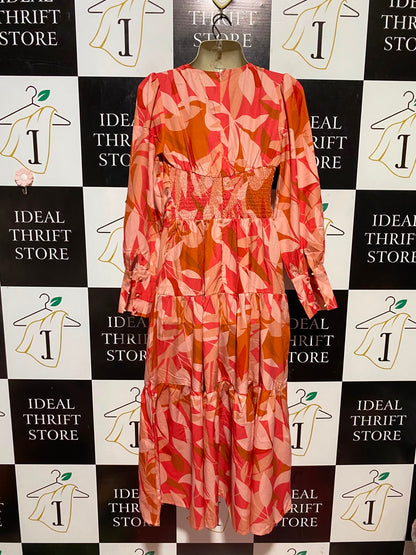 SHEIN |XS| BUST 13| B34| V-NECK TIERED MAXI DRESS WITH WRAP WAIST DETAIL IN CORAL AND PINK LEAF PRINT