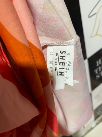 SHEIN |XS| BUST 13| B34| V-NECK TIERED MAXI DRESS WITH WRAP WAIST DETAIL IN CORAL AND PINK LEAF PRINT