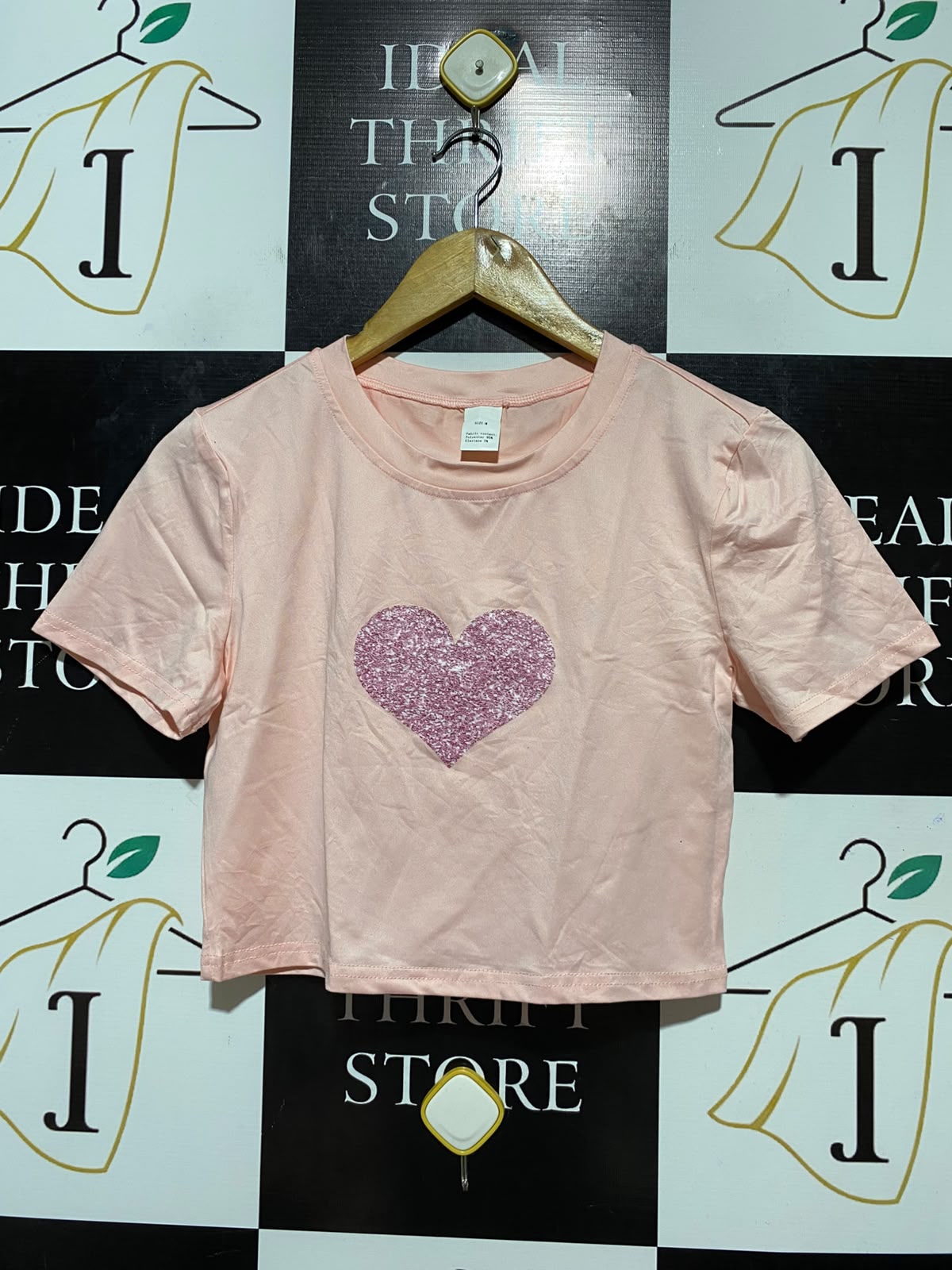 |M| BUST 16| B34| BABY PINK GLITTER HEART CROP TOP SHORT SLEEVE CREWNECK T-SHIRT