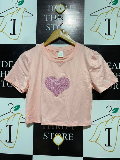 |M| BUST 16| B34| BABY PINK GLITTER HEART CROP TOP SHORT SLEEVE CREWNECK T-SHIRT