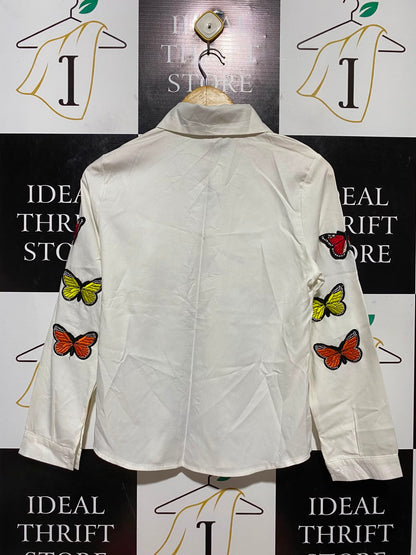 MEIFENG FASHION |L| BUST 17| B34| WHITE BUTTERFLY EMBROIDERED LONG SLEEVE BUTTON-DOWN COLLARED SHIRT