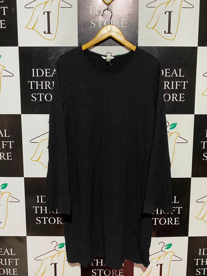 H&M |XL| BUST 21| B34| BLACK TEXTURED CREWNECK LONG SLEEVE SHIFT DRESS COMFORT FIT TUNICS TOP