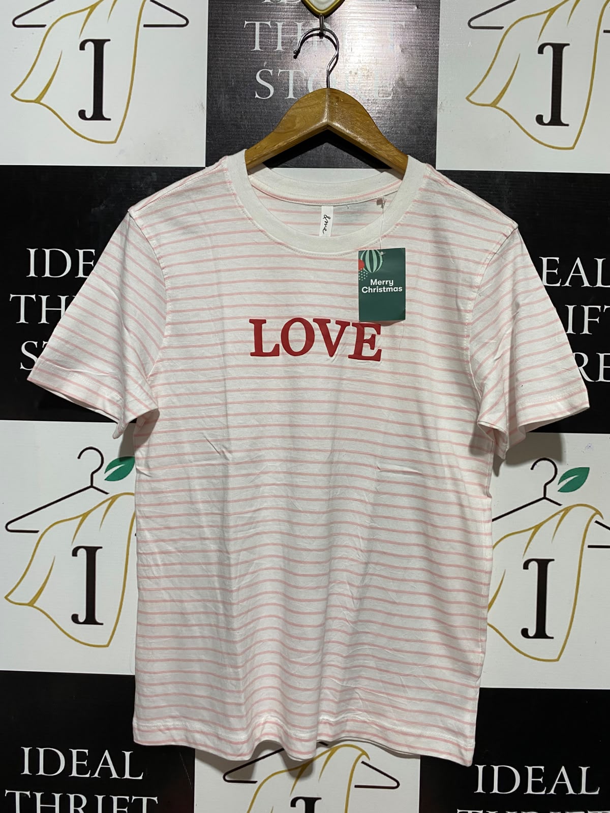 & ME |M| BUST 18| B34| RED AND WHITE STRIPED LOVE GRAPHIC CREWNECK SHORT SLEEVE T-SHIRT