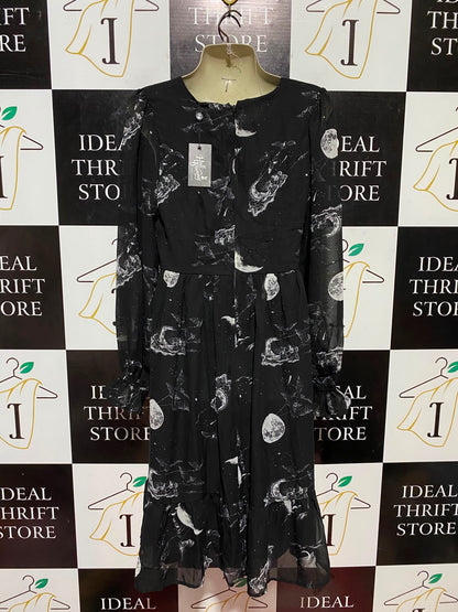 HELL BUNNY |S| BUST 16| B34| BLACK V-NECK LONG SLEEVE MID DRAPE DRESS
